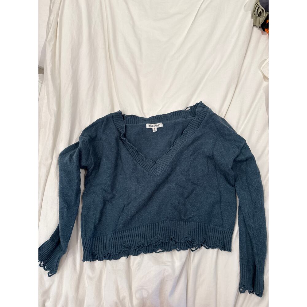 Dark teal Wild Honey soft v neck sweater with distressed hem
